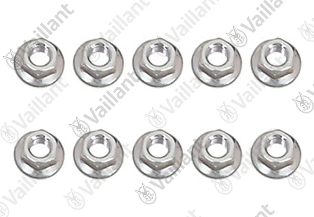 Set mit zehn metallischen Schraubenmuttern von Vaillant, gleichmäßig angeordnet. Jede Mutter hat eine sechseckige Form und ein innenliegendes Gewinde.